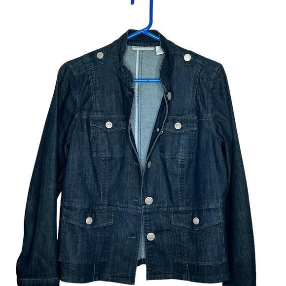 Chico’s Platinum Blue Denim mock neck jean jacket Chicos Sz 0 US Sz 4 EUC - Picture 2 of 8